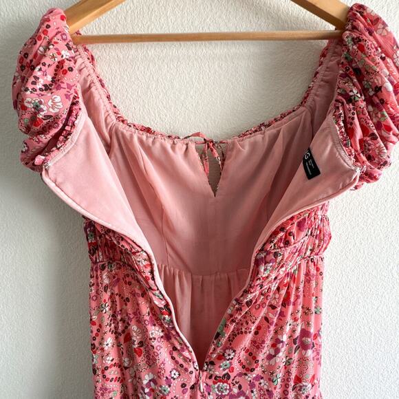 Mango Ruched off shoulder Floral Pink Boho Dress Slit Size 4 - Picture 9 of 11